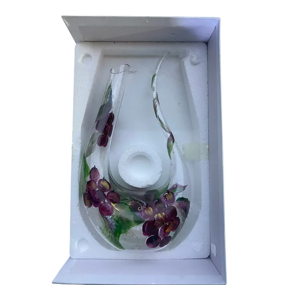 Hand Painted Floral Wine Decanter by NEX Glass Artist Signed 13 Inch Tall